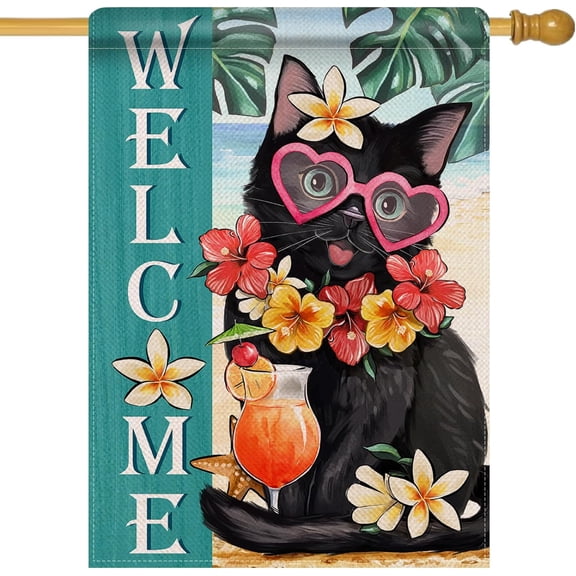 Welcome Summer Black Cat Large Decorative House Flag, Pet Beach Coastal Hibiscus Flower Yard Garden Outside Decor Cat Lover Gifts, Hawaii Nautical Outdoor Home Decoration Double Sided 28 x 40