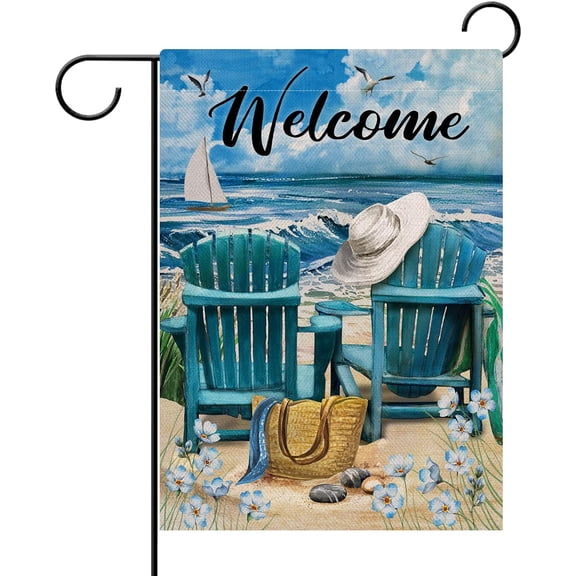 Welcome Summer Blue Sea Ocean Chairs Myosotis Sylvatica Flower Beach Garden Flag, Coastal Nautical Seagull Sailboat Bag Hat Decorative House Yard Outdoor Small Decor, Tropical Home Outside