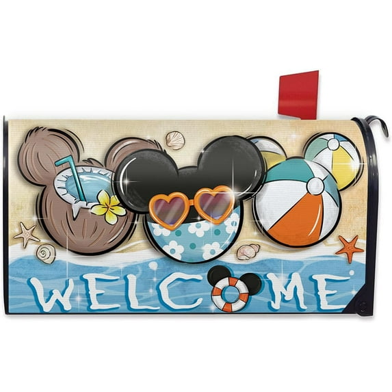 Welcome Summer Cartoon Mouse Mailbox Cover Magnetic Standard Size 21"x18", Beach Coastal Coconut Ball Decorative Post Letter Box Wrap Decor, Hawaii Nautical Garden Yard Outdoor Decoration