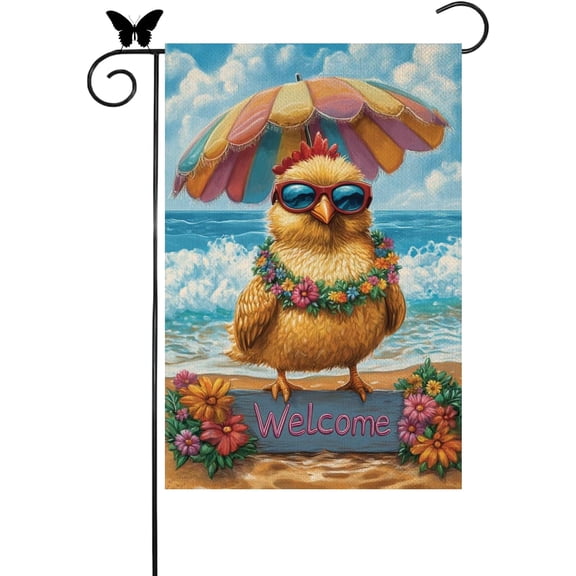 Welcome Summer Chicken Garden Flag 12x18 Double Sided Hawaii Tropical Beach Holiday Ocean Sea Yard Small Banner for Seasonal Outdoor Party Decoration (18165)