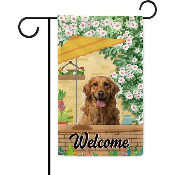 Welcome Summer Dog Garden Flag Golden Retriever Play in the Yard Floral Plants Sunshade Spring Decor Home Banner for Outside 12.5x18 Inch Double Side
