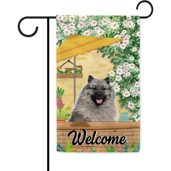 Welcome Summer Dog Garden Flag Keeshond Play in the Yard Floral Plants Sunshade Spring Decor Home Banner for Outside 12.5x18 Inch Double Side