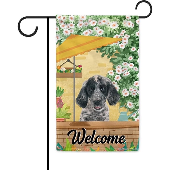 Welcome Summer Dog Garden Flag Lovely English Setter Play in the Yard Floral Plants Sunshade Spring Decor Home Banner for Outside 12.5x18 Inch Double Side