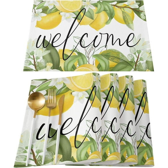 Welcome Summer Farm Yellow Lemon Placemats for Dinning Table Set of 6 Waterproof Cloth Table Mats, Cotton Linen Place Mats Fabric Dinner Mat Easy Clean Farmhouse Resistant Holiday Table Decor