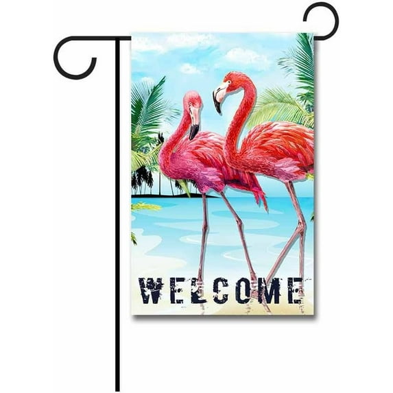 Welcome Summer Flamingos Love Decorative Garden Flag Tropical Island Seasonal Decor Yard Banner for Outside Printed Both Sides
