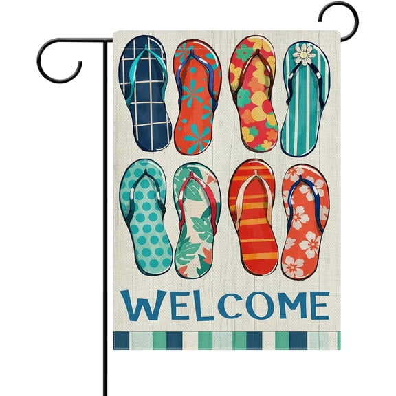 Welcome Summer Flip Flops Decorative Garden Flag, Beach Pool Farmhouse Yard Outside Home Decoration, Seasonal Rustic Burlap Outdoor Small Decor Double Sided 12 x 18