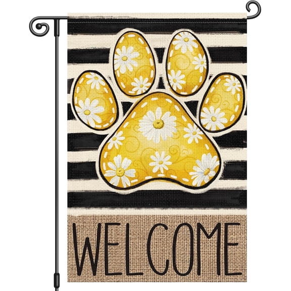 Welcome Summer Floral Garden Flag Daisy Dog Paw 12x18 Double Sided Burlap Black Stripe Spring Outdoor Home Decor