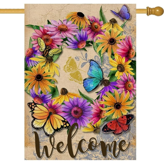 Welcome Summer Flower Wreath Home Decorative House Flag, Daisy Floral Garden Yard Vintage Butterfly Decor Outside Decorations, Spring Farmhouse Outdoor Large Burlap Flag Double Sided 28 x 40