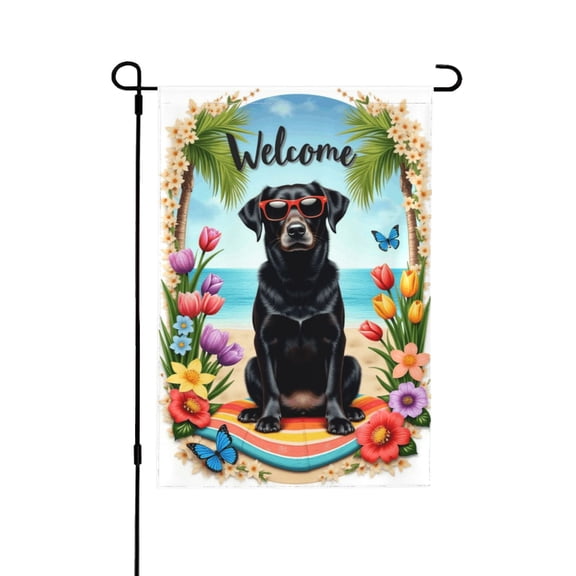 Welcome Summer Garden Flag Black Lab Dog Beach Scene 12x18 Inch DoubleSided Outdoor Yard Flag Tropical Flowers Palm Trees Sunglasses Summer Decor