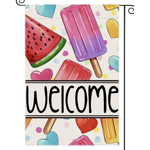 Welcome Summer Garden Flag Popsicle Small Flags for Outside, 12x18 Inch Beach Pool Double Sided Burlap Seasonal Outdoor Yard Lawn Decoration