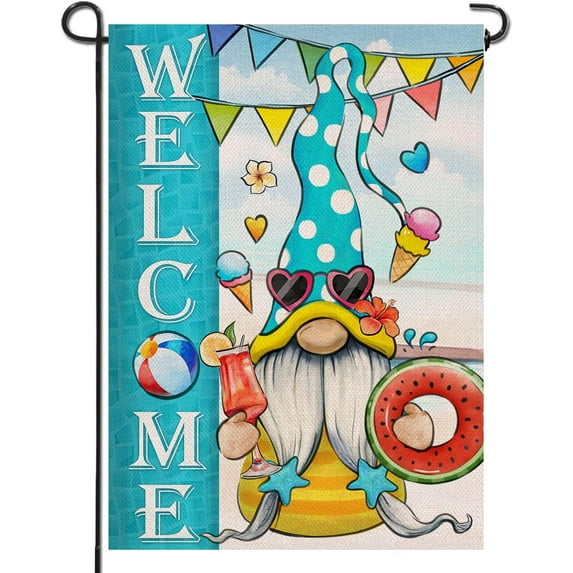 Welcome Summer Gnome Pool Small Decorative Garden Flag, Swimming Beach Coastal Sea Yard Lawn Outside Decor, Seasonal Burlap Outdoor Home Decoration Double Sided 12.5 x 18