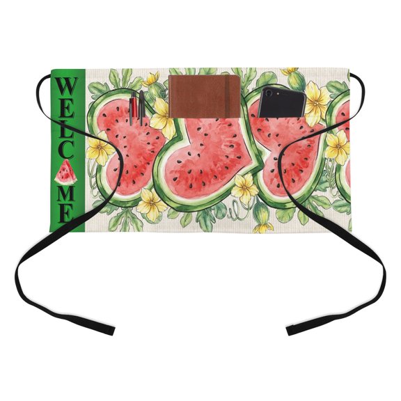 Welcome Summer Half Waist Apron Heart Watermelon Vines Flower Floral Farmhouse Short Waiter Aprons with 3 Pockets for Women Men Kitchen Restaurant Cooking