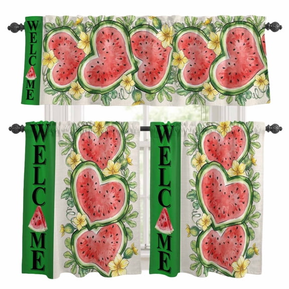 Welcome Summer Kitchen Curtains Set for Windows, Heart Watermelon Vines Flower Floral Farmhouse Curtains Valance and Tier 3 Piece Set Small Drapes 24 Inch Length for Kitchen Bedroom Decor