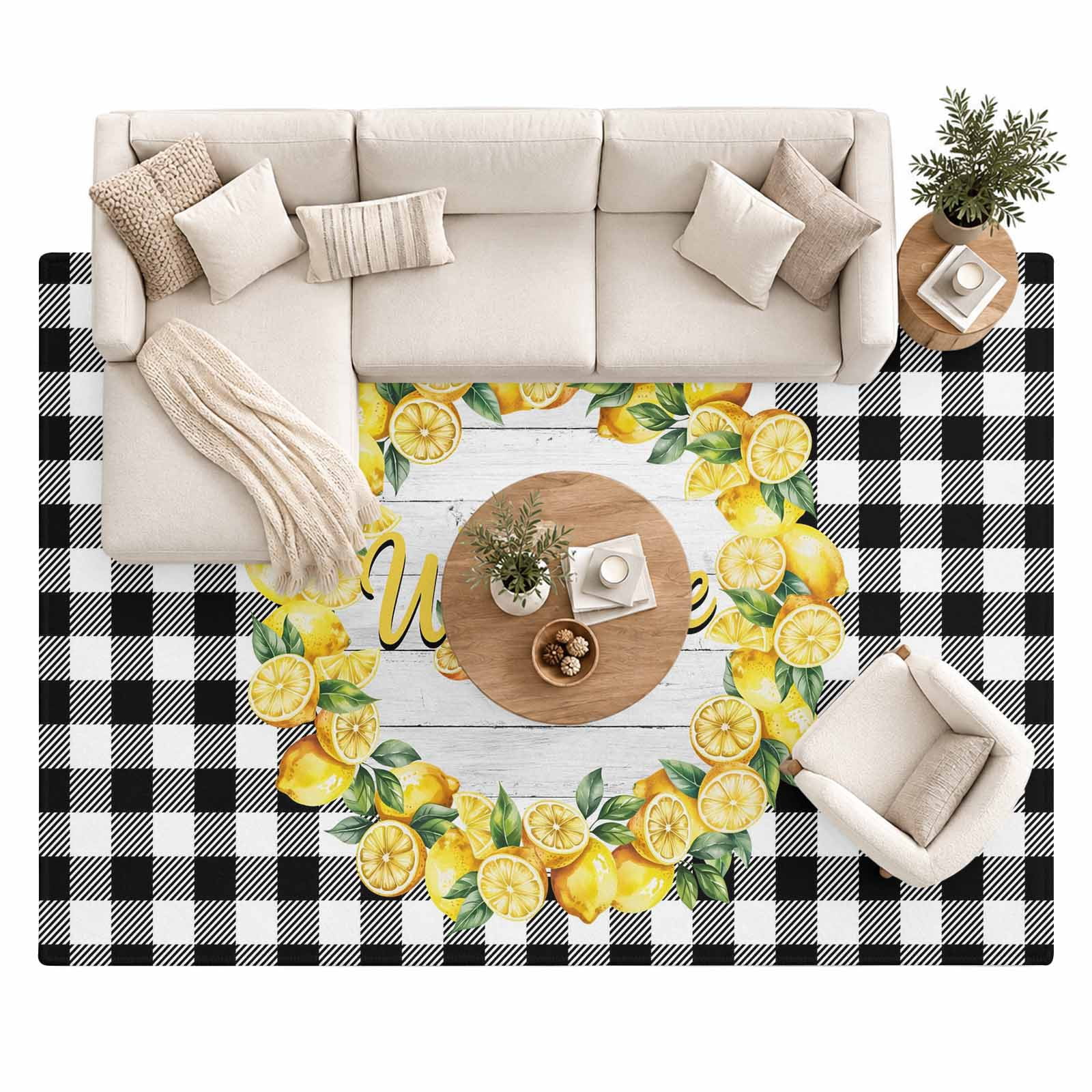 Welcome Summer Lemon Area Rug 8'x10', Farm Black Plaid Wood Grain Large ...