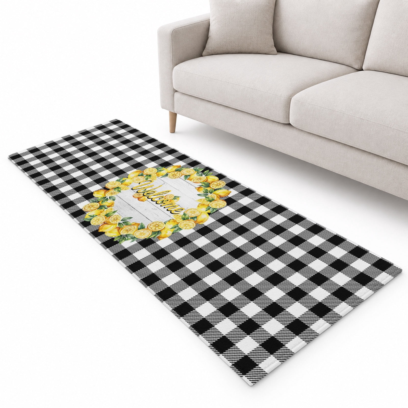 Welcome Summer Lemon Runner Rug 2.6'x8', Farm Black Plaid Wood Grain ...