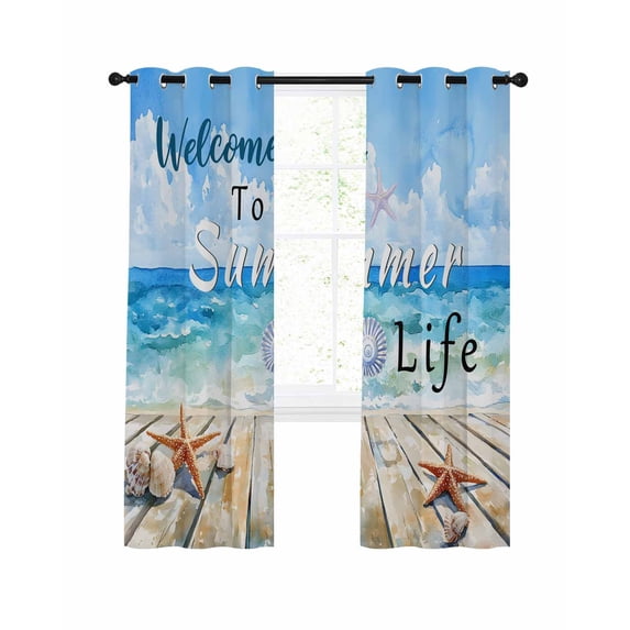 Welcome to Summer Life Blackout Curtains for Bedroom Living Room, Beach Ocean Starfish Shell 63 In Long Thermal Insulated Room Darkening Drapes Grommet Window Treatments, 52 x 63 In