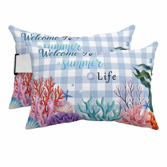 Welcome to Summer Life Outdoor Pillow for Chaise Lounge Chair,Head Resting&nbsp;Pillow with Insert, Sea Corals White Blue Plaid Waterproof Lumbar Pillows for Patio Chaise Beach Chair,11"x16" 2 Pack