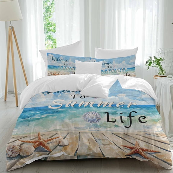 Welcome to Summer Life Queen Size Comforter Set, Beach Ocean Starfish Linen Texture Bedding for All Seasons, 4 Pcs Bed Set, 1Quiltcover (90"x92") ,1Sheet(94"x116"), 2Pillowcases (30"x20")
