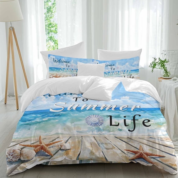Welcome to Summer Life Queen Size Comforter Set, Beach Ocean Starfish Shell Bedding for All Seasons, 4 Pcs Bed Set, 1Quiltcover (90"x92") ,1Sheet(94"x116"), 2Pillowcases (30"x20")