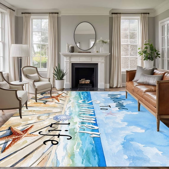 Welcome to Summer Life Washable Living Room Rugs 5'x8', Beach Ocean Starfish Shell Low Pile Throw Large Area Rug Non-Slip Sturdy Edge Binding Carpet for Living Room Kitchen Office