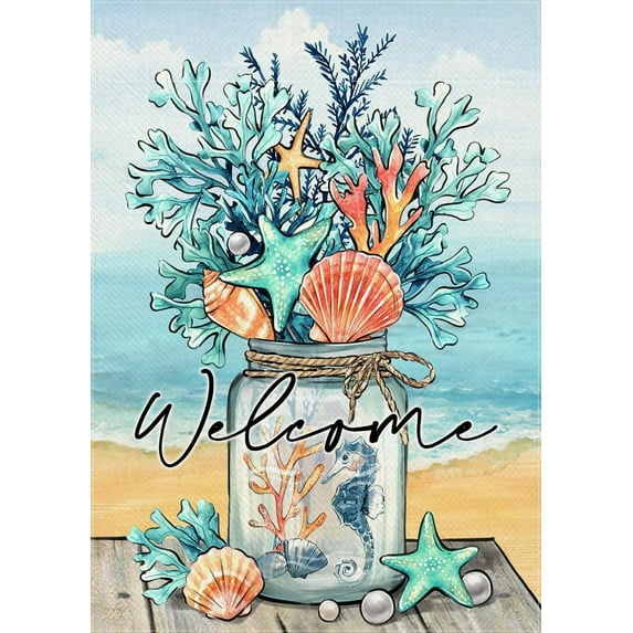 Welcome Summer Mason Jar Decorative Garden Flag, Beach Coastal Coral Starfish Shell Sea Horse Yard Outside Decorations, Nautical Seasonal Burlap Outdoor Small Home Decor Double Sided 12 x 18