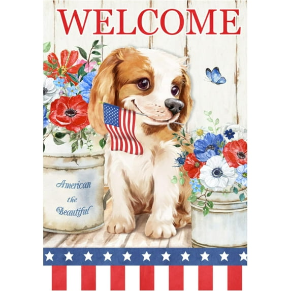 Welcome Summer Puppy Yard Flag Decorative Cute Dog July 4th Patriotic Pansies Outdoor House Flag 28x40 Inch