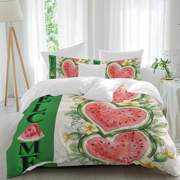 Welcome Summer Queen Size Comforter Set, Heart Watermelon Vines Flower Floral Farmhouse Bedding for All Seasons, 4 Pcs Bed Set, 1Quiltcover (90"x92") ,1Sheet(94"x116"), 2Pillowcases (30"x20")
