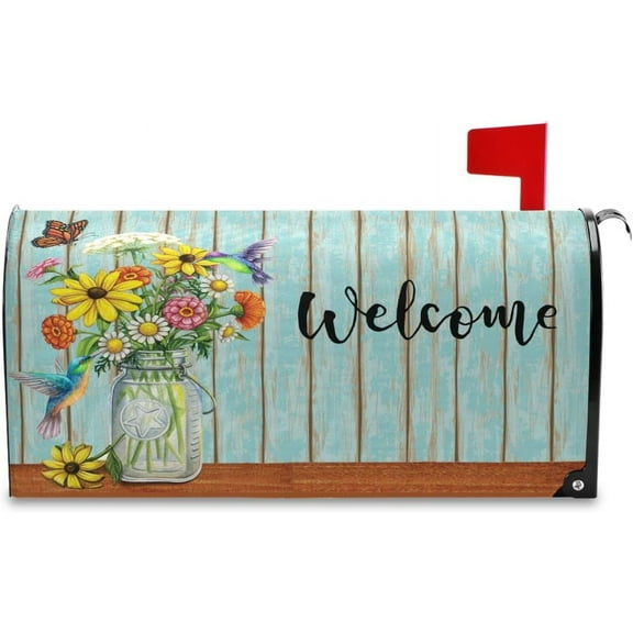 Welcome Summer Spring Rustic Magnetic Mailbox Cover Standard 21 X 18 in Birds Sunflower Flowers Butterfly Mail Box Covers Decals Wraps Post Box Outdoor Decorations