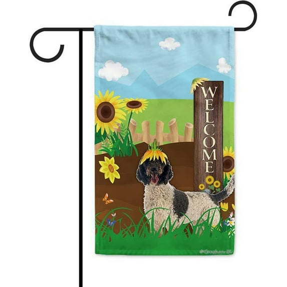 Welcome Summer Sunflower Dog Garden Flag Puppy Portuguese Water Dog on Country Farm Butterfly Flowers Decor Banner for Outside Yard 12.5x18 Inch Double Side