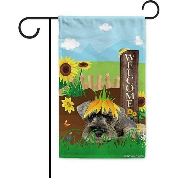 Welcome Summer Sunflower Dog Garden Flag Puppy Schnauzer Hound on Country Farm Butterfly Flowers Decor Banner for Outside Yard 12.5x18 Inch Double Side