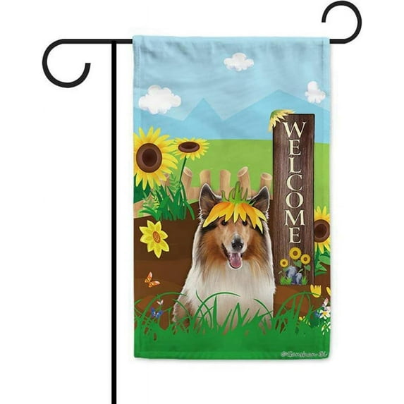 Welcome Summer Sunflower Dog Garden Flag Rough Collie on Country Farm Butterfly Flowers Decor Banner for Outside Yard 12.5x18 Inch Double Side