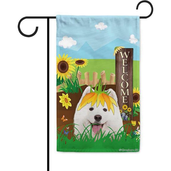 Welcome Summer Sunflower Dog Garden Flag Samoyed on Country Farm Butterfly Flowers Decor Banner for Outside Yard 12.5x18 Inch Double Side
