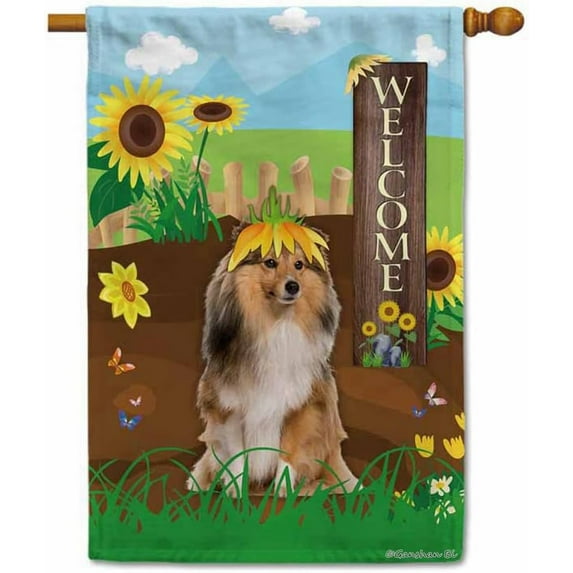 Welcome Summer Sunflower Dog House Flag Shetland Sheepdog on Country Farm Butterfly Flowers Decor Banner for Outside Yard 28x40 Inch Double Side