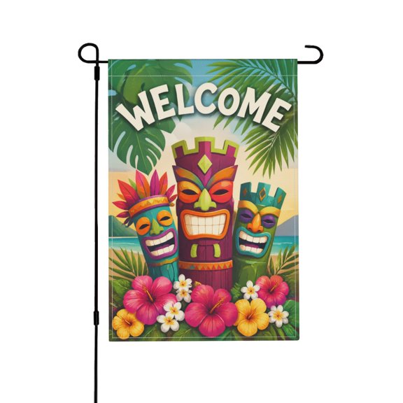 Welcome Summer Tiki Hibiscus Frangipani Tropical Luau Coconut Tree Floral Garden Flag for House Yard Outdoor Decor 12x18 in