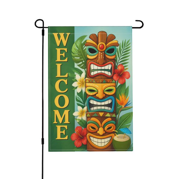 Welcome Summer Tiki Tropical Palm Leaves and Hibiscus Burlap Garden Flag for Yard and Home Outdoor Decor 12x18 in