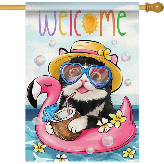 Welcome Summer Tuxedo Cat Decorative House Flag, Pet Flamingo Swimming Ring Pool Garden Yard Outside Decorations Cat Lover Gifts, Sun Seasonal Burlap Outdoor Large Home Decor Double Sided 28x40