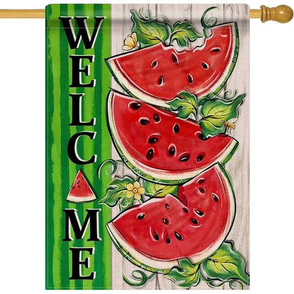 Welcome Summer Watermelon 28 x 40 House Flag Double Sided, Farmhouse Green Stripes Garden Yard Decoration, Rustic Seasonal Burlap Outdoor Décor Decorative Large Flag