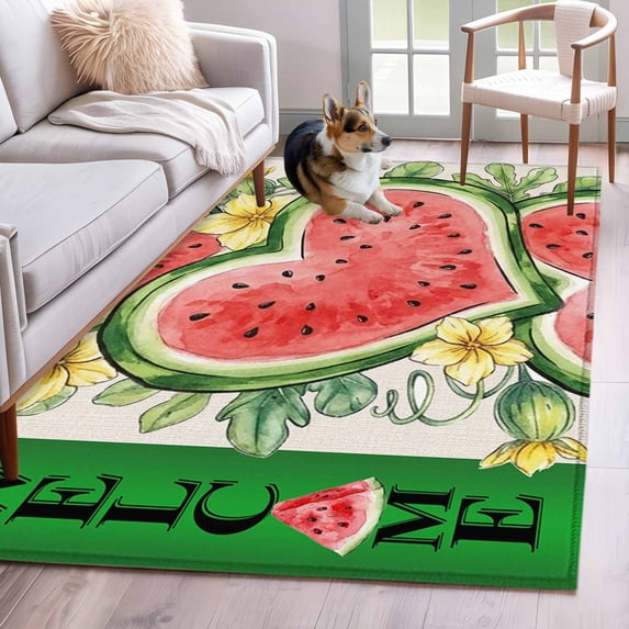 Welcome Summer Watermelon Area Rugs 3'x5', Washable Small Throw Rugs for Living Room Bedroom, Love Heart Fruits Flowers Leaves Indoor Outdoor Rug Non-Slip Low Pile Carpet Runner Reversible Floor Mats