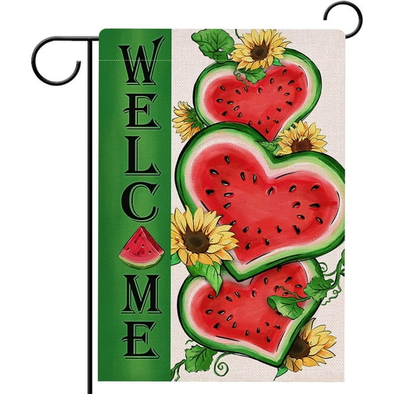 Welcome Summer Watermelon Garden Flag Double Sided, Sunflower Decorative Yard Outdoor Home Small Decor, Seasonal Burlap Outside House Decoration 12.5 x 18