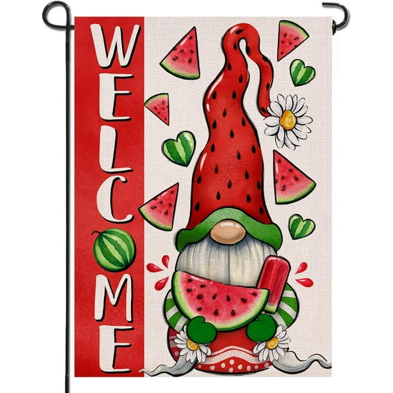 Welcome Summer Watermelon Gnome Small Decorative Garden Flag, Popsicle Daisy Yard Lawn Outside Decor, Seasonal Farmhouse Burlap Outdoor Home Decoration Double Sided 12.5 x 18