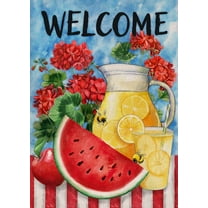 Welcome Summer Watermelon Lemon Juice Large Decorative House Flag, Lemonade Geranium Flowers Garden Yard Outside Decorations Burlap Outdoor Decor Double Sided 28 x 40