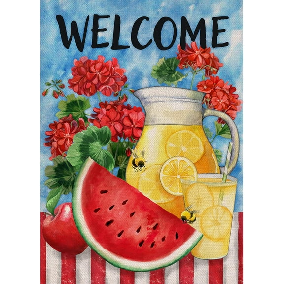 Welcome Summer Watermelon Lemon Juice Large Decorative House Flag, Lemonade Geranium Flowers Garden Yard Outside Decorations Burlap Outdoor Decor Double Sided 28 x 40