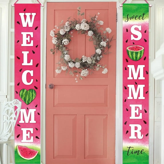 Welcome Summer Watermelon Porch Banner Sign, Sweet Summer Time Front Door Decorative Hanging Banner Flag, Seasonal Decoration Home Outdoor Yard Decor