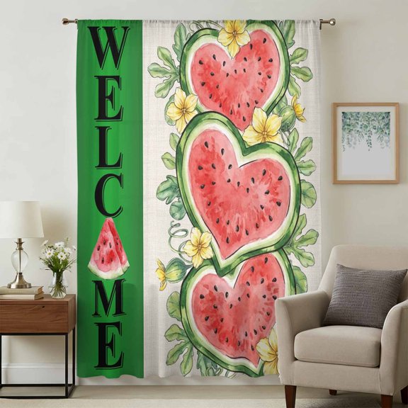 Welcome Summer Watermelon Sheer Curtains 45 Inches Long, Love Heart Fruits Flowers Leaves Light Filering Curtains, Breathable Simi Curtain Privacy Drapes for Kitchen Bathroom Small Window Treatment