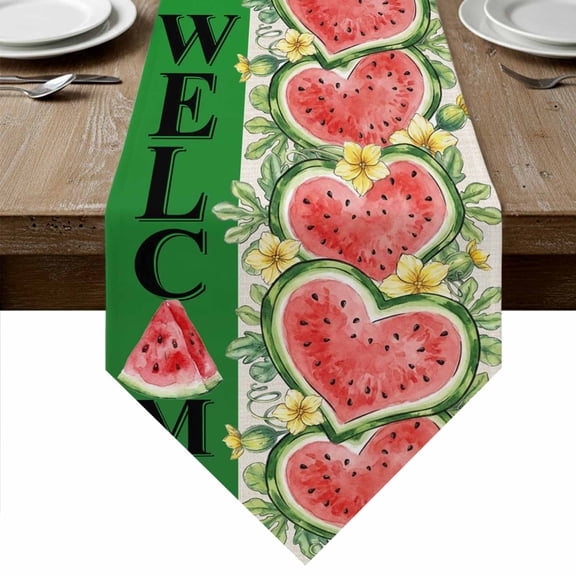 Welcome Summer Watermelon Table Runner Linen Burlap Table Runner 36 Inches Small Love Heart Fruits Flowers Leaves Dresser Scarves for Kitchen Island Coffee Dining Room Party Holiday Decor 13"x36"