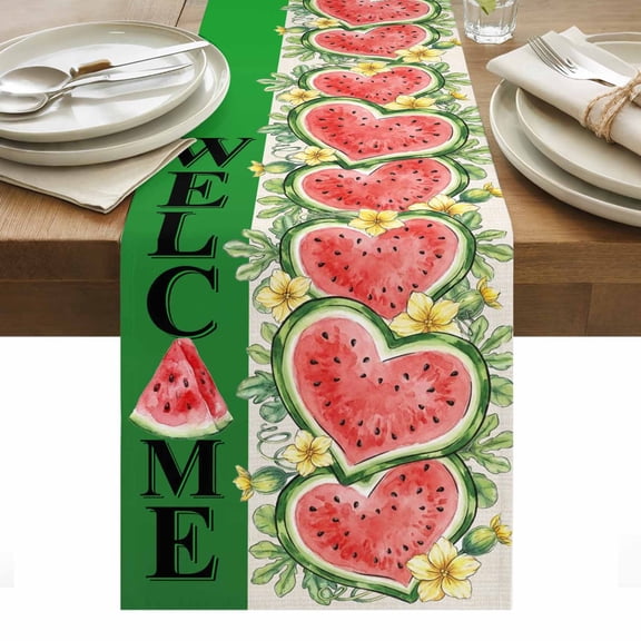 Welcome Summer Watermelon Table Runner Love Heart Fruits Flowers Leaves Tablerunners 13 x 36 Inch, Table Decorations Tabletop Scarf for Summer Gathering Holiday Farmhouse Kitchen Dining Decor