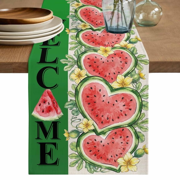 Welcome Summer Watermelon Table Runner, Love Heart Fruits Flowers Leaves Washable Cotton Linen Table Runners 36 Inches Long, Dresser Scarf Runner for Nightstand/End Tables/Round Tables 13''x36''