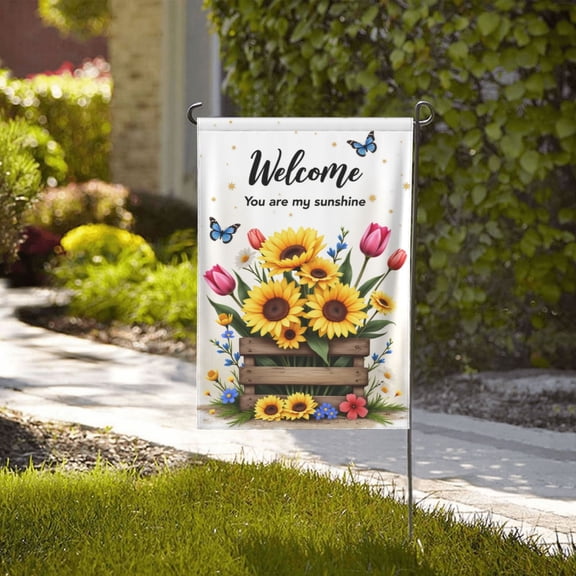 Welcome Sunflower Garden Flag 12x18 Inch Double Sided Spring Summer Floral Outdoor Yard Flag Decor With Wooden Crate Design And Butterflies Small Yard Farmhouse Patriotic Holiday Gifts