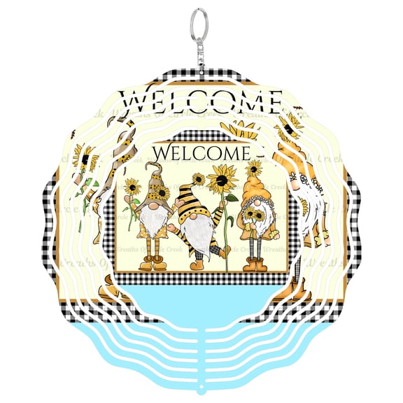 Welcome Sunflower Gnomes Plaid 3D Wind Spinner Hanging, UV Printed Tinplate, Farmhouse Garden Decor, Housewarming Gift,