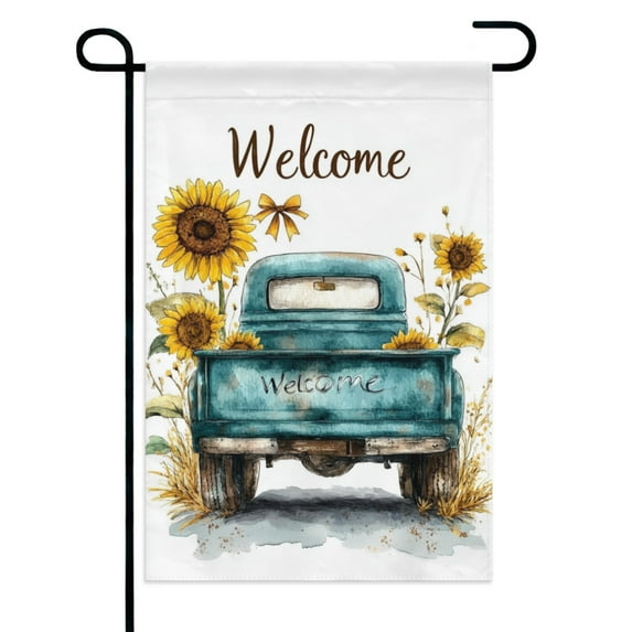 Welcome Sunflower Truck Bow Garden Flags 12×18 Inch Double Sided Decorative Yard Banner Seasonal Flag for Outdoor Outside Decor